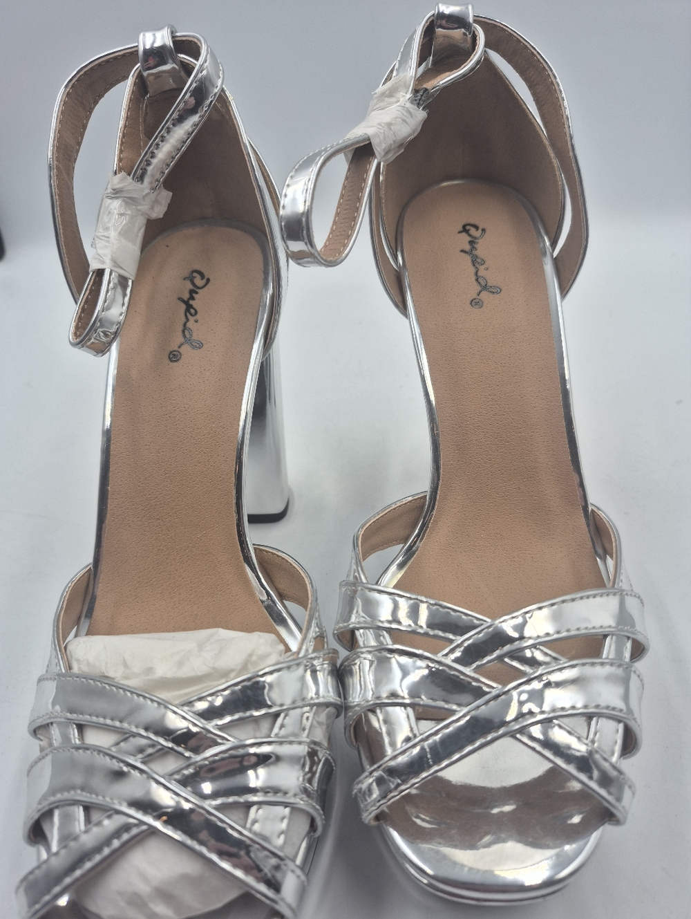 Qupid Silver Strappy Block Heel Party Shoes Size 8